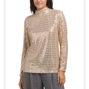 Anne Klein sequin mock neck top in gold metallic long sleeve stretch blouse.